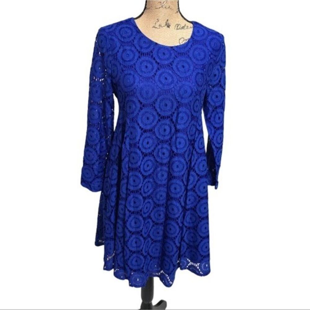 CeCe Dress Blue Lace A Line Crew Neck Semi Sheer Long Sleeve Mini Size 4 Small